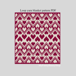 Loop yarn Finger knitted Hearts Zig Zag blanket pattern PDF Download