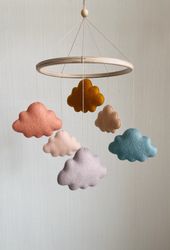Ready to ship-Six Clouds hanging crib toys for newborn baby-Natural soft colors baby mobile