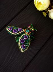 Green Insect Brooch Hand embroidery with beads