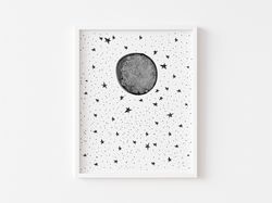Moon and stars nursery print, Moon and stars, Black and white nursery prints, Nursery wall art, Instant download