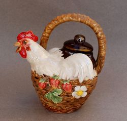 Ceramic art teapot White chicken Pot strawberry decor Figurine teapot Country style Easter gift, Kitchen decor, Gift mom