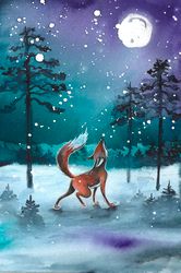 Printable file of watercolor painting Winter forest fox