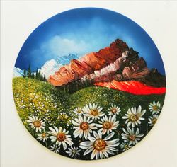 Alpine Mountain Landscape With A Field Of Flowers Original Oil Painting On Canvas Panel Impasto
