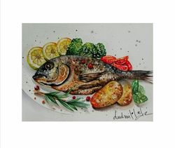 Food Painting Original Watercolor Art Work Realistic Still Life With A Fish Dish Paintings The Kitchen Dining Room