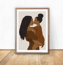 Black mom and daughter art, DIGITAL art, rusty brown boho wall decor, black curly mother poster, melanin mother art