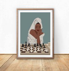 Beautiful black woman playing chess, PRINTABLE wall art in boho style, melanin woman art, black art, blue boho decor.