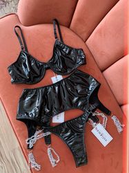 Eco leather lingerie, Black lingerie, Latex lingerie, BDSM lingerie, Chain lingerie, Sexy lingerie, Special lingerie