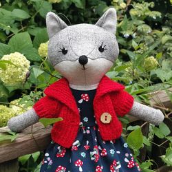 Gray wolf girl, stuffed wool doll, handmade wolf plush toy
