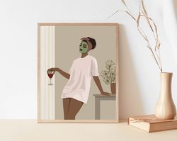 Black woman with wine, black girl art, PRINTABLE wall art, cozy evening at home, african woman art, melanin woman art