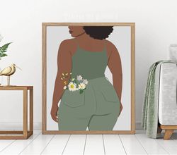 Curvy black woman in sage green, black girl poster, sage green decor, DIGITAL, plus size black women, body positive art