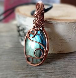 Original pendant for every day, wire weaving, labradorite braided with wire, a gift for a holiday