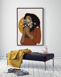 Black woman with white flowers art, beautiful black woman with curly hair, DIGITAL, melanin women, rusty brown decor