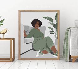 Curvy black woman art, sage green decor, plus size black girl poster, DIGITAL, plus size melanin women, green decor