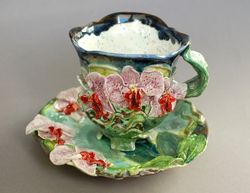 Orchid Tea cup and saucer set Flowers tea set Beautiful porcelain art Handmade Lilac flowers ,Mug and saucer