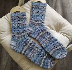 blue openwork womens hand-knitted socks