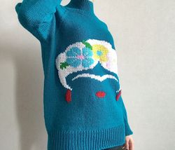 Frida Kahlo Sweater, turtleneck sweater oversized, colorful hand knit sweater, novelty sweater is trendy clothes.