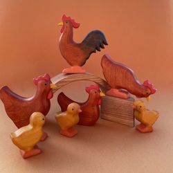 Wooden chicken set "Red" (1 rooster + 3 hens + 3 Baby chickens ) - Wooden animals - Farm animals - Wood rooster figure