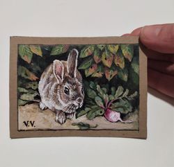 Rabbits painting Aceo original art Artist trading cards Rabbit mini art Animal miniature 2.5x3.5 inches by lanaArt