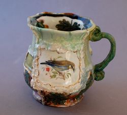 Large handmade ceramic mug Mug with decor Patchwork style Bird, plant prints Volumetric decor colorful glaze home decor