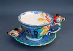 Blue tea cup and saucer set Bird figures Crystal glaze Handmade Porcelain Tea Set, Bird mug & saucer, Ceramic art