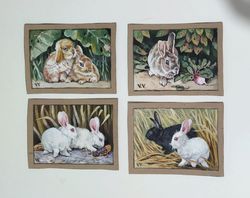 Set  of 4 mini art Rabbits Aceo original art Aceo Artist trading cards Animal miniature Rabbit artwork 2.5x3.5 inches