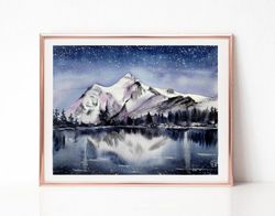 Night Sky Landscape Watercolor Painting, Original Art, Mountain Painting, Best Wall Art for Living Room