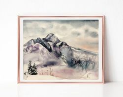 Landscape Watercolor Painting, Original Art, Mountain Painting, Neutral Abstract Art, Best Wall Art for Living Room