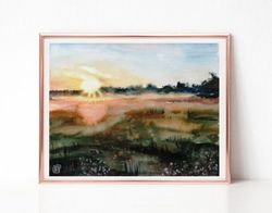 Sunset Painting, Neutral Landscape Watercolor Painting, Original Art for Sale, Best Wall Art for Living Room