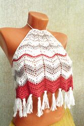 Tank top, T-shirt top crochet, Beach top white-red knitted