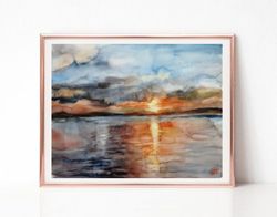 Lake Sunset Painting, Neutral Abstract Art, Landscape Watercolor Painting, Original Art, Best Wall Art for Living Room