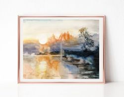 Foggy Lake Sunset Painting, Neutral Landscape Watercolor Painting, Original Art for Sale, Best Wall Art for Living Room