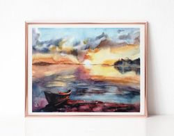 Lake Sunset Painting, Clouds Landscape Watercolor Painting, Original Art for Sale, Best Wall Art for Living Room