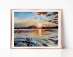 Clouds Landscape Watercolor Painting, Original Art for Sale, Lake Sunset Painting, Best Wall Art for Living Room