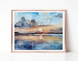 Clouds Landscape Watercolor Painting, Original Art for Sale, Best Wall Art for Living Room, Blue Lake Sunset Painting,