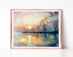 Lake Sunset Painting, Abstract Art, Landscape Watercolor Painting, Original Art for Sale, Best Wall Art for Living Room