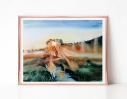 Sunset Painting, River Landscape Watercolor Painting, Green Original Art for Sale, Best Wall Art for Living Room