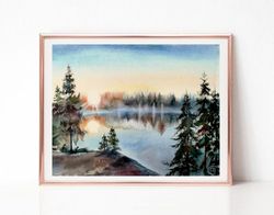 Sunset Art, Pine Tree Forest Landscape Watercolor Painting, Original Art for Sale, Best Wall Art for Living Room