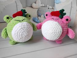 plush frog toy, frog crochet toy, frog in strawberry hat, chonky crochet plush, stressball