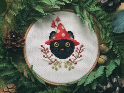 Black Cat in a Mushroom Hat Cross Stitch Pattern PDF, Magic Cat Embroidery Chart, Wizard Black Cat, Halloween Ornament