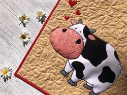 Two funny cows with hearts quilted table runner, Funny cows bed topper, Holiday tablecloth, Two cows quilted mat