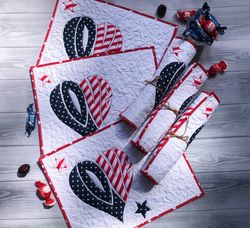 LOVE Independence Day quilted placemats, 4th of July table topper, Quilted American flag, Veterans or Memorial day quilt