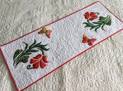 Mothers Day quilted table runner, Red flowers bed topper, Valentines quilted, Butterfly tablecloth, White placemats