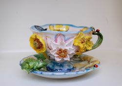 Made to order Art Tea Set  Porcelain tea cup and saucer Frog figurine Water lilies ,lotus, Dragonflies,ladybug Botanical