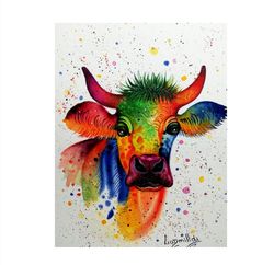 Cow Painting Original Watercolor Art Work On Fabriano Paper 25 x 35 cm Pop Art Farm Animals Painting