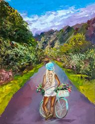Mountain Painting Landscape Original Art Woman Oil Painting Bicycle Wall Art