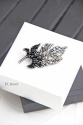Feather brooch, beaded feather brooch, embroidered feather, jewellery feather, jacket brooch pin, black brooch