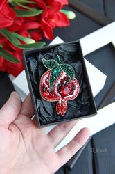 Beaded brooch pomegranate Embroidered brooch garnet Beaded jewelry garnet