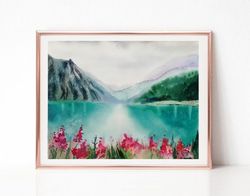 Green Landscape Watercolor Painting, Original Art, Mountain Painting, Lake House Decor, Best Wall Art for Living Room