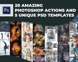 20 amazing Photoshop actions & 5 unique PSD templates! Portrait action, actions bundle, photo portrait, effects wedding
