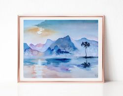 Landscape Watercolor Painting, Original Art, Mountain Painting, Lake Sunset Painting, Best Wall Art for Living Room